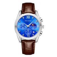 pintime men rose gold brown leather watch blue dial stainless steel moon phase chrono function stopwatch luminous waterproof