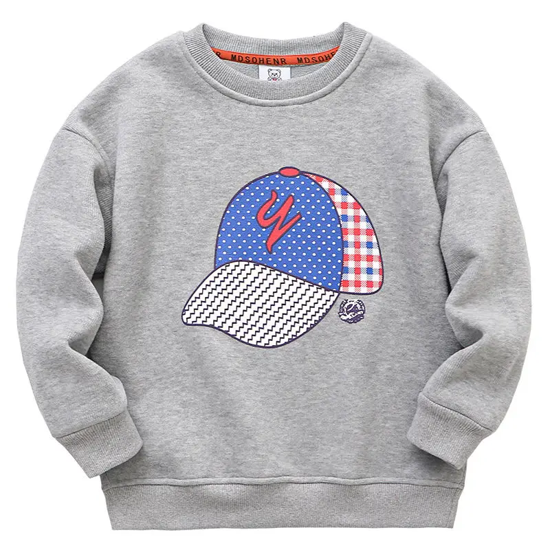 

Children's Fleece-Lined Sweater 2022new Winter Tops Boys Medium and Large Girls Hat Printed Crew Neck Top