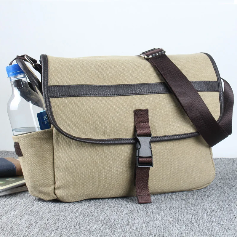 

Fashion Men's Shoulder Bag Khaki Casual Canvas Men Bag Horizontal Messenger Straddle Bag Cross Body School Bag Postman Bag