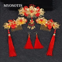 women gold hair comb traditional chinese wedding headdress accessories red tassel stick head jewelry bridal headpiece