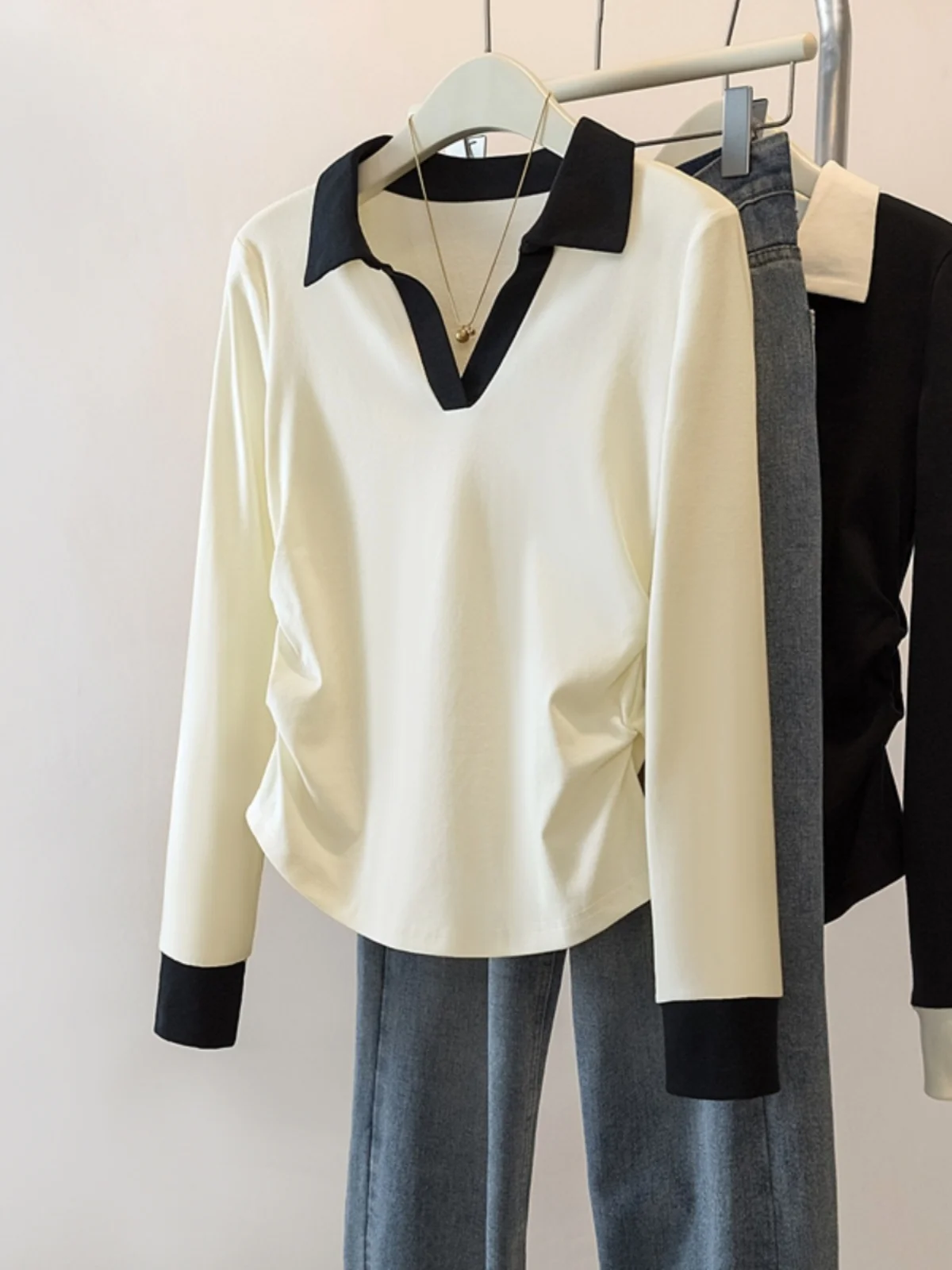 Женская нижняя рубашка больших размеров с воротником-поло и длинными рукавами