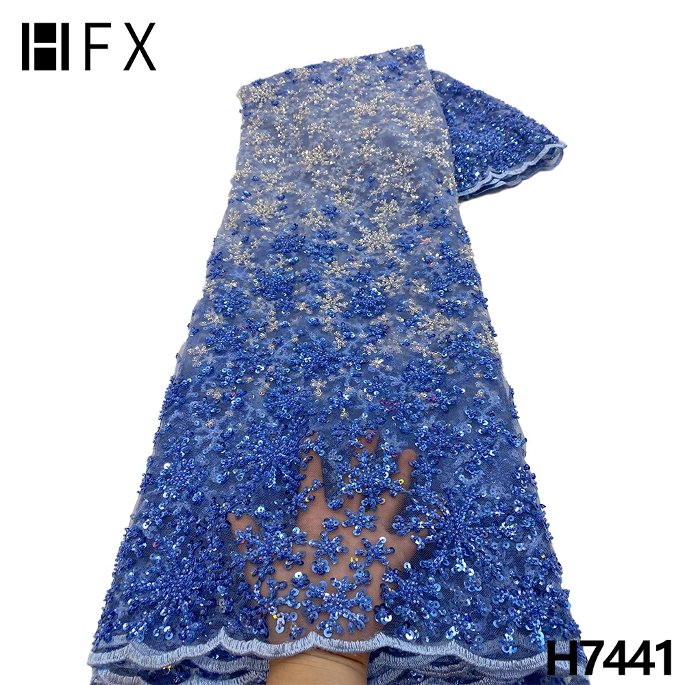 

HFX African Sequins Tulle Lace Fabric 5 Yards 2022 High Quality Embroidered French Net Lace Nigerian Beaded Lace For Party H7441