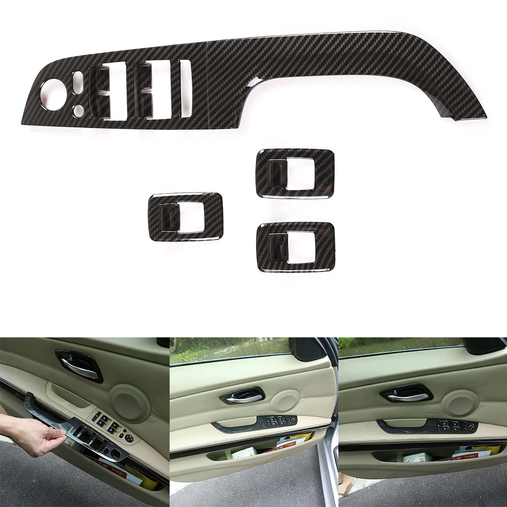 

4pcs Carbon Fiber Door Window Switch Button Cover Sticker Fit For BMW 3 Serie E90 Sedan Glass Lift Panel Cover Trim Decoration