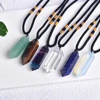 Polished Two Pointed Crystal Column Necklace Rose Quartz Amethyst Tiger Eye Raw Stone Pendant Choker  Gift Jewelry For Women