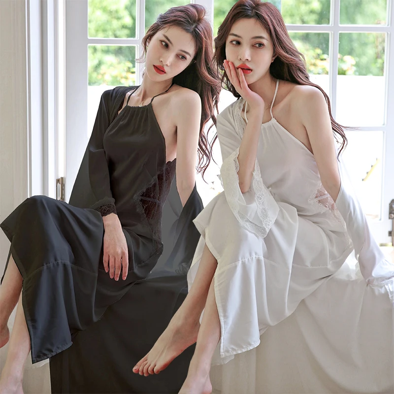 

2022 Summer 2PCS Sexy Lace Lingerie Long Dress Silk Satin Nightgowns Robes Sets Women Bathrobes Sleepwear Nightdress Night Dress