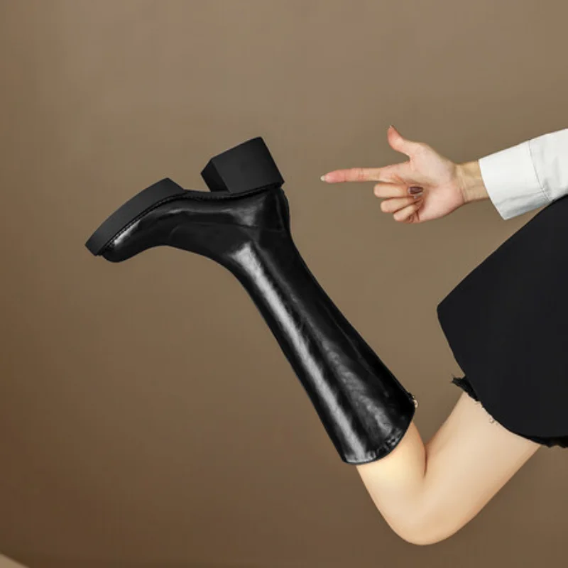 Autumn and Winter Full Leather High Tube Plush Single Lining Leather Boots with Zipper for Women's Boots Brown Long Boots