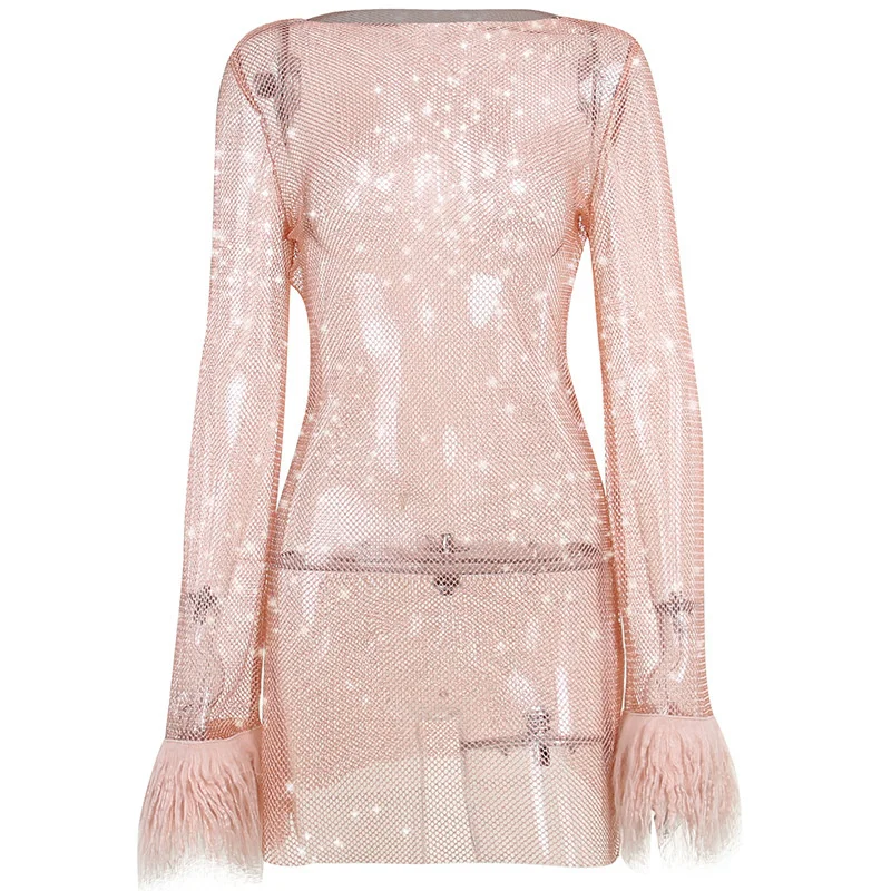 

Sexy Mesh Mini Dress Women Fashion Feathers Tassel Full Sleeve See Through Dress Summer Pink Shinny Club Party Dress Outfit 2022