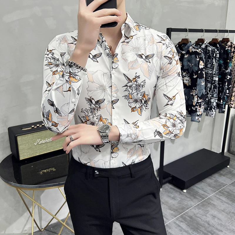 

Рубашка мужская приталенная с длинным рукавом, повседневная классическая, в винтажном стиле, с цветами, 6XL, весна 2023