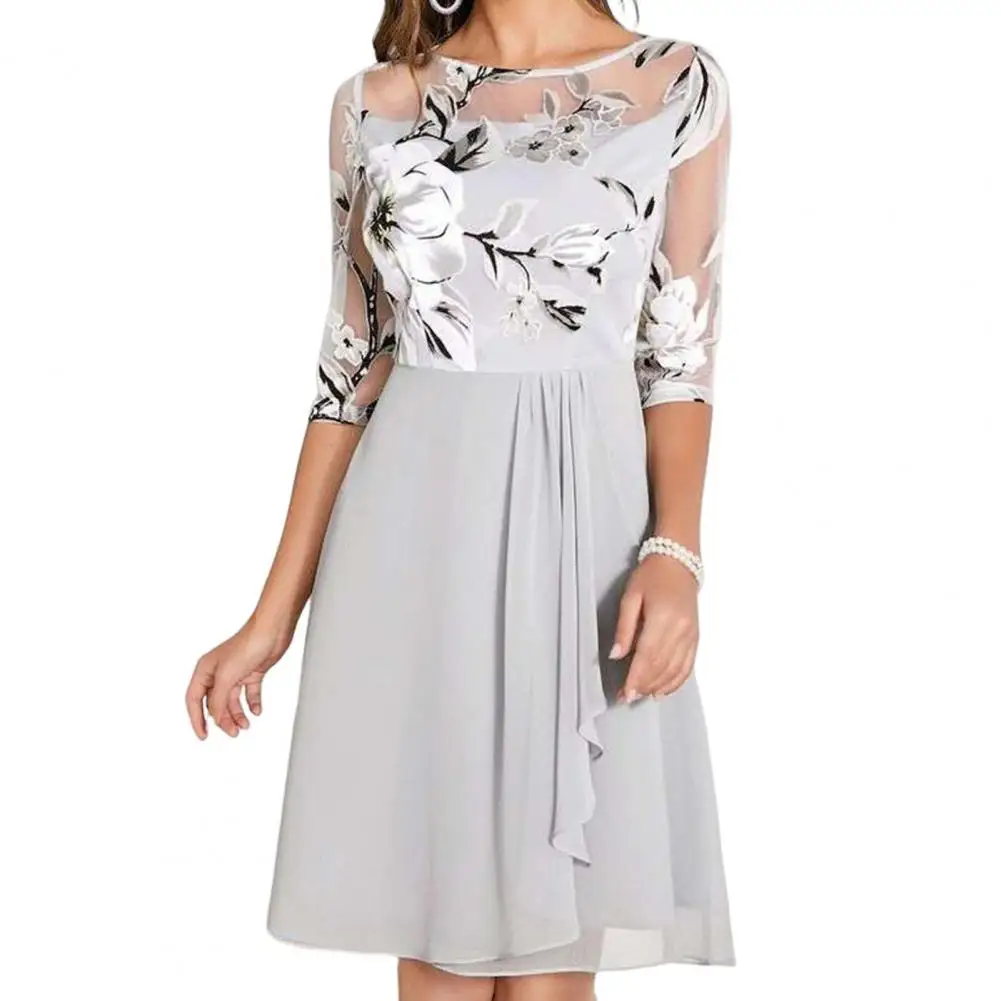 

Women Dress Flower Pattern Breathable Irregular Hem Knee Length Three-Quarter Sleeve Chiffon Women Floral Print O-Neck Vestidos