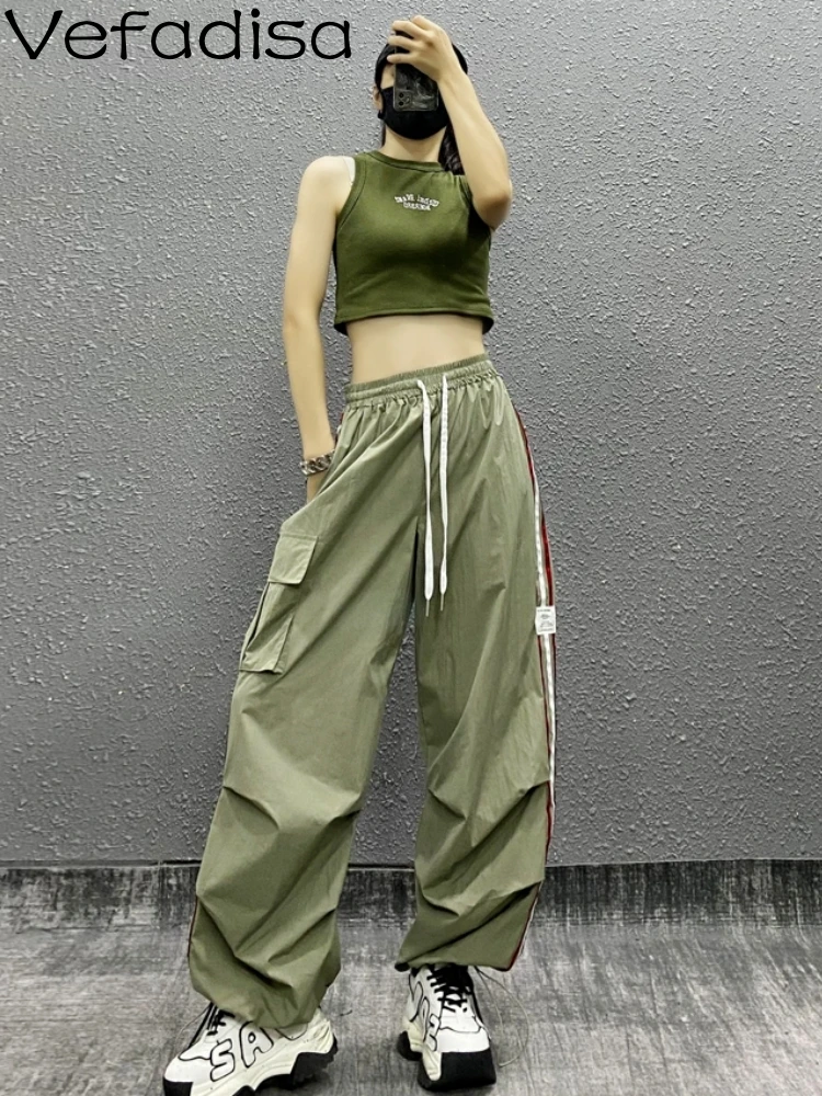 

Vefadisa2023 Summer Fashion Striped Loose Fitting Casual Pants Loose Green Personalized Trendy Girl Pocket Decor Leggings ZY1736