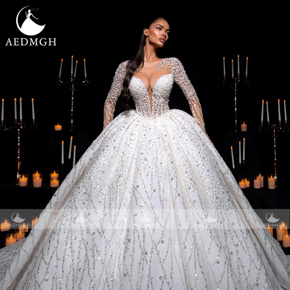 Фото Бальное платье Aedmgh, роскошные свадебные платья, зубчатое платье Vestido De Novia, кружевное, расшитое бисером и блестками, королевское винтажное свадебное платье на заказ №3