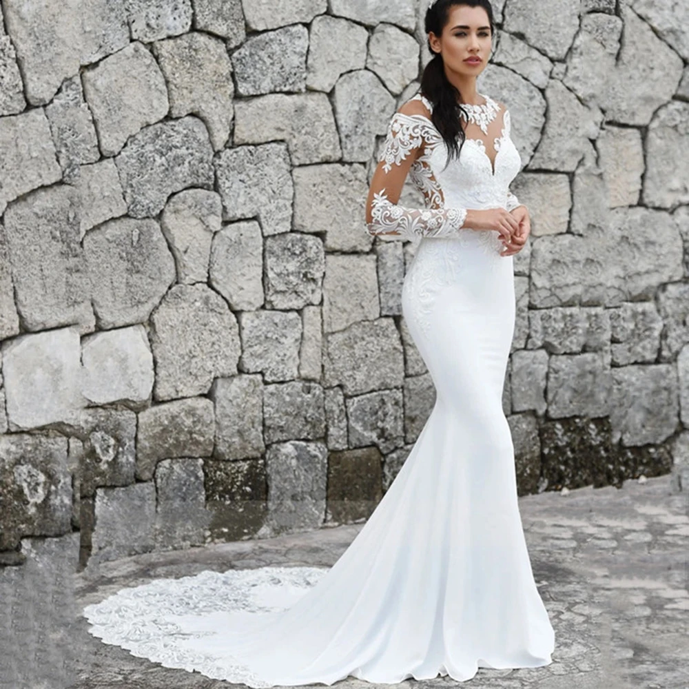 

2022 Elegant Scoop Mermaid Wedding Dresses Long Sleeves Illusion Back Buttons Lace Applique Satin Sweep Train Vestido De Noiva