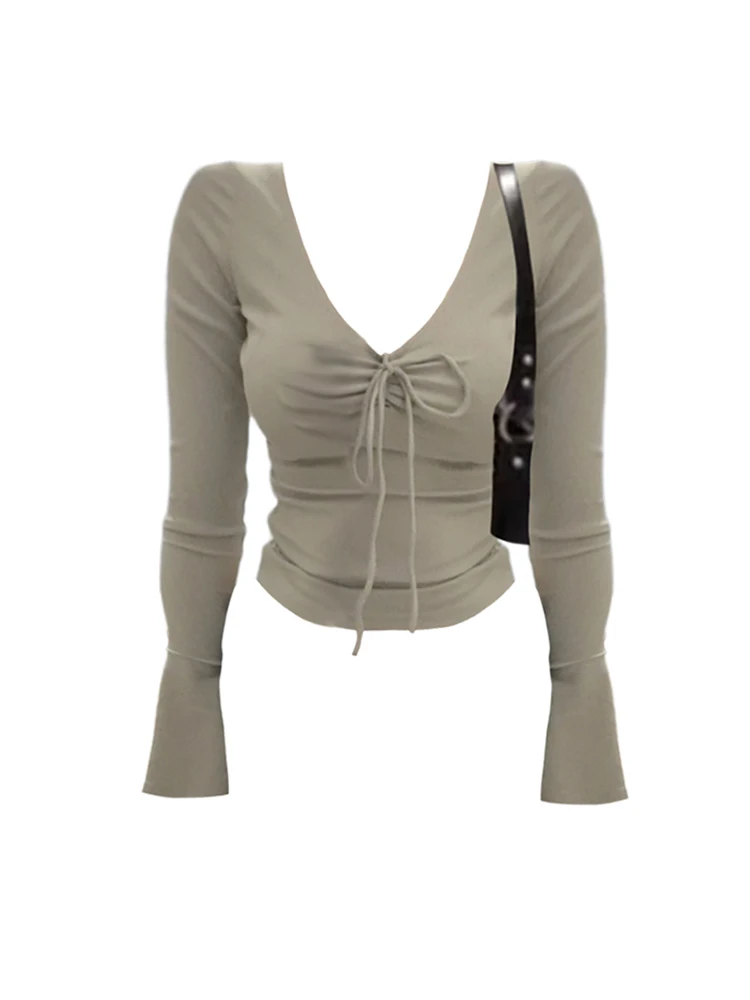 

New Design Fashion Grey T-Shirts Women Summer V-Neck Crop Top Long Sleeve Slim Casual Harajuku Gyaru Lace Up Tees American Retro