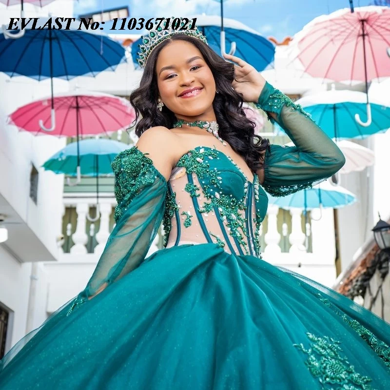 EVLAST индивидуальное изумрудно-зеленое бальное платье Quinceanera кружевное с