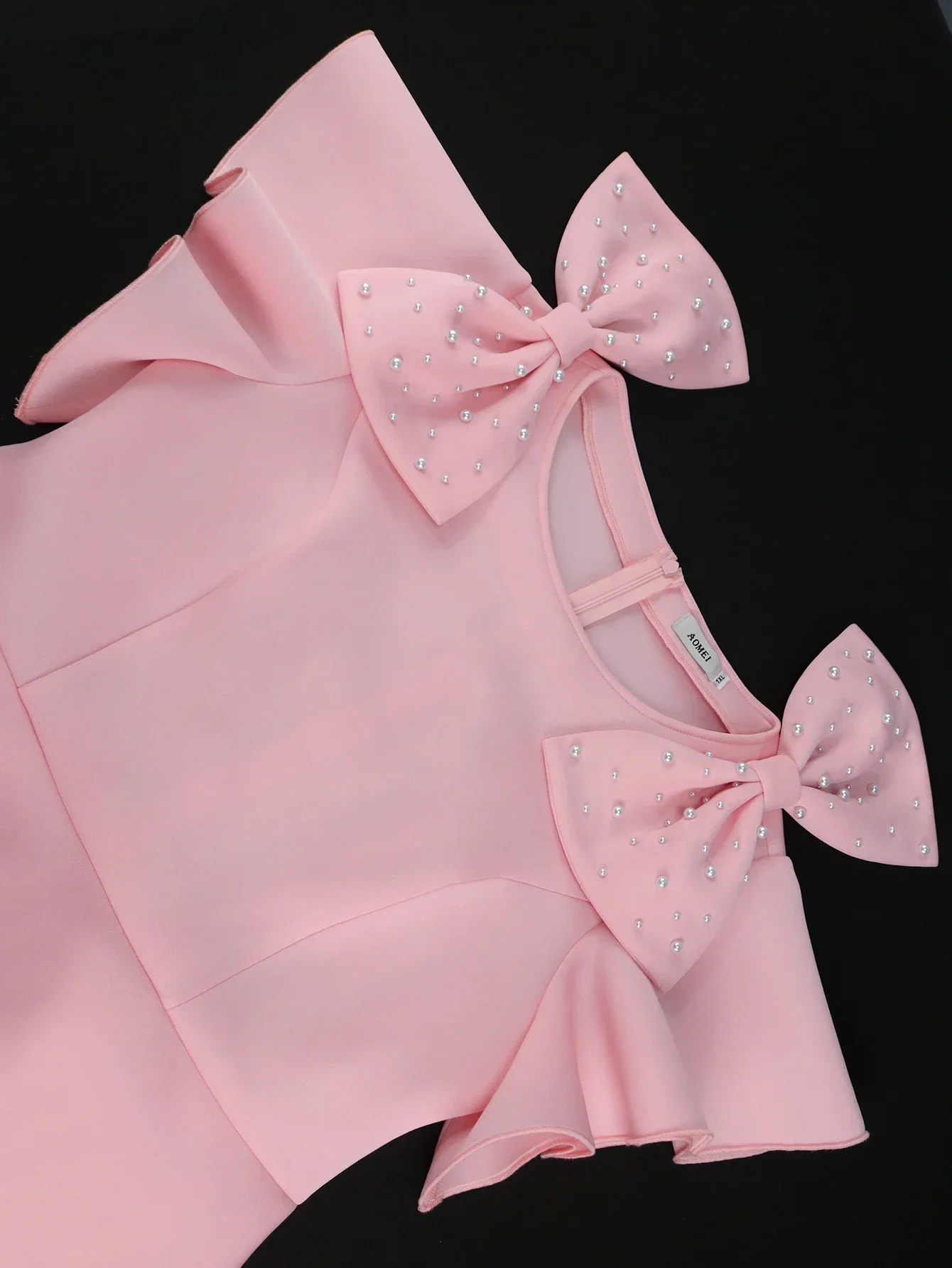 Женское платье с бантом круглым вырезом коротким рукавом и оборками