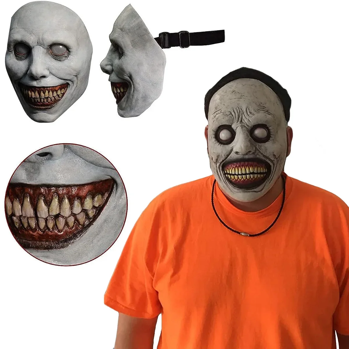 Женская улыбающаяся маска демона с белыми глазами ужасная грубая дьявола