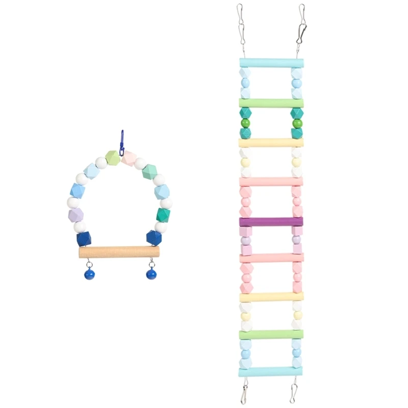 

E5BB Bird Ladder Cage Perch Stand Toy Parrots Ladder Wooden Bead Swing Cage Accessory