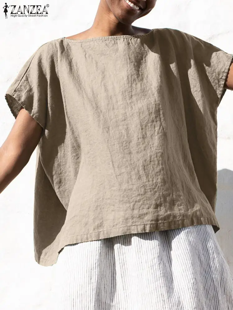 

ZANZEA Female Fashion Casual Holiday Oversized Shirt 2022 Summer Woman Solid Blouse Blusa Short Sleeve O-Neck Pure Cotton Tops