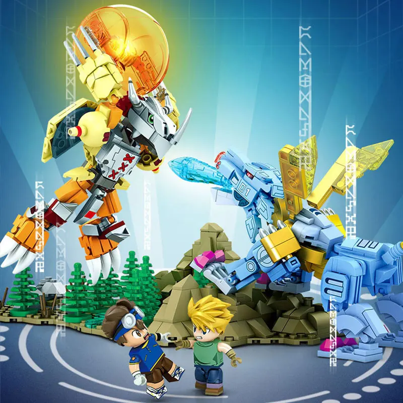 

Japan Cartoon Digimon Monsters Battle Scene Building Blocks Skull War Greymon Metal Garurumon Model Bricks Toys with Children's