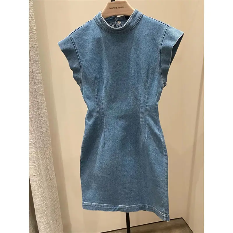 

French niche spring and summer new waist and open back slim retro denim dress Cover-sleeve women's short skirt