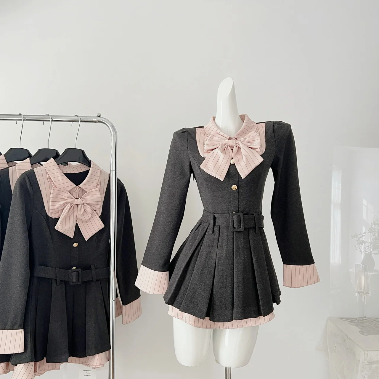 Осень 2024 женские кавайные академические черно-розовые платья с бантом для Cutecore
