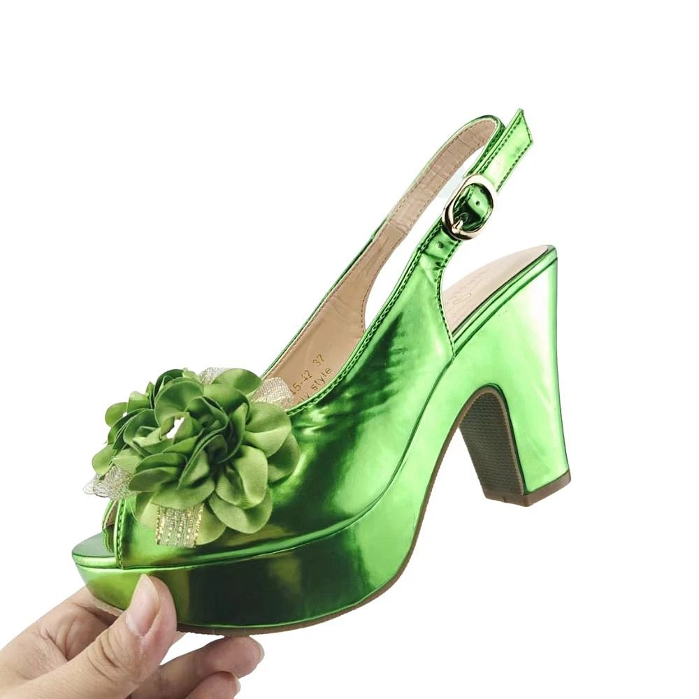 Floral Sandals for Women Runway Designer Pumps Heels 2022 New Arrivals Green Leather Shoes Women Block Heels Chunky Shoes Heel
