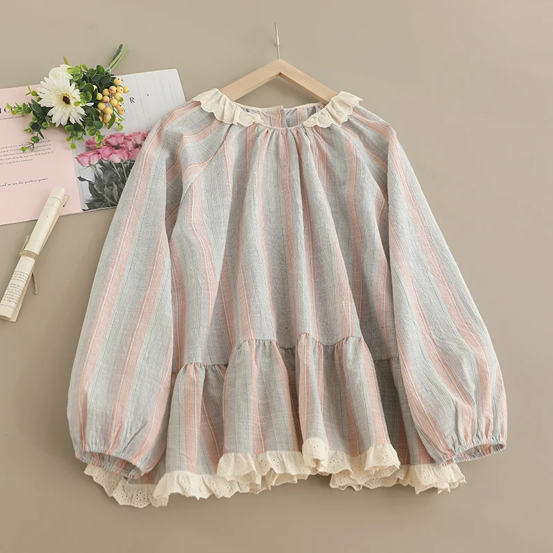 Новая хлопковая и льняная рубашка в полоску с кружевным воротником женская