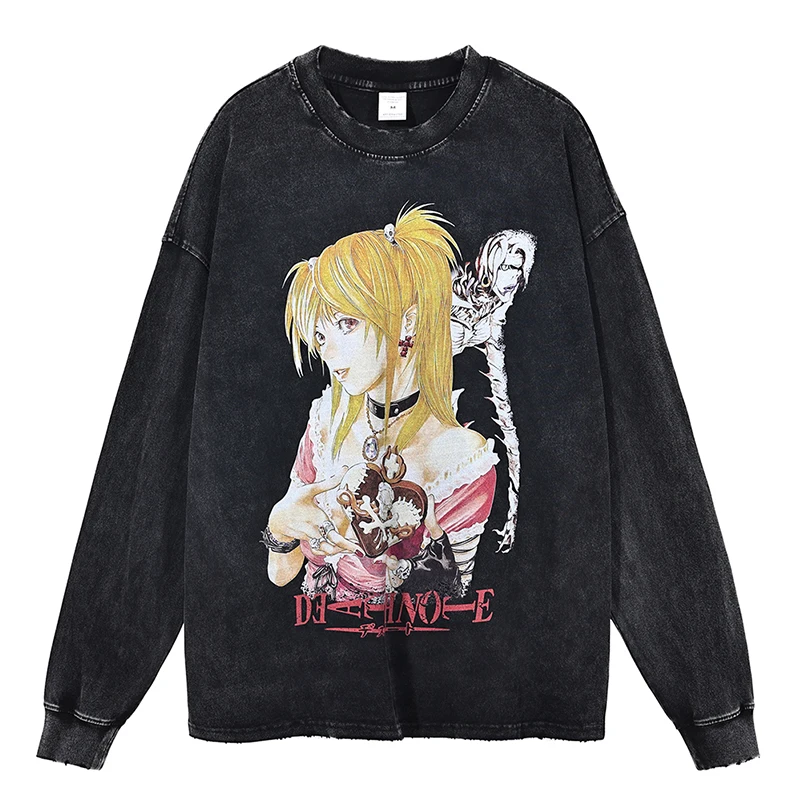 

2023 Y2K Vintage Washed Anime T Shirt Men Long Sleeve 100% Cotton 2023 Autumn Harajuku T Shirt for Men Hip Hop Streetwear Top