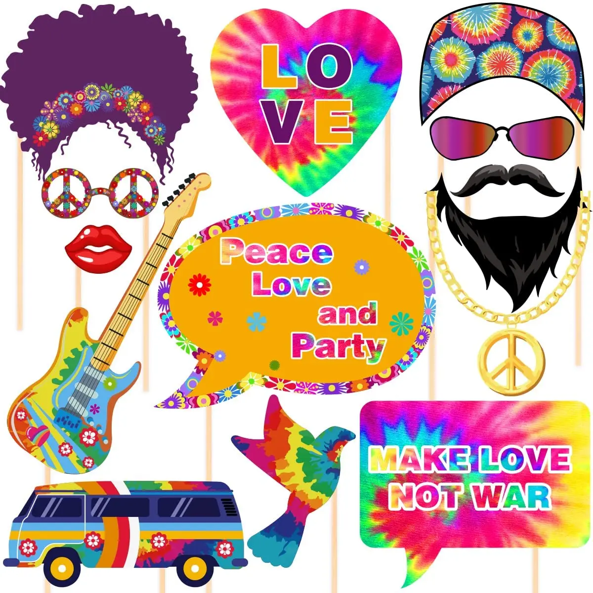 

Cheereveal 33 Pcs Hippie Photo Props 1960s 1970s Tie Dye Photo Booth Props Groovy Peace Love Theme Selfie Props Party Supplies