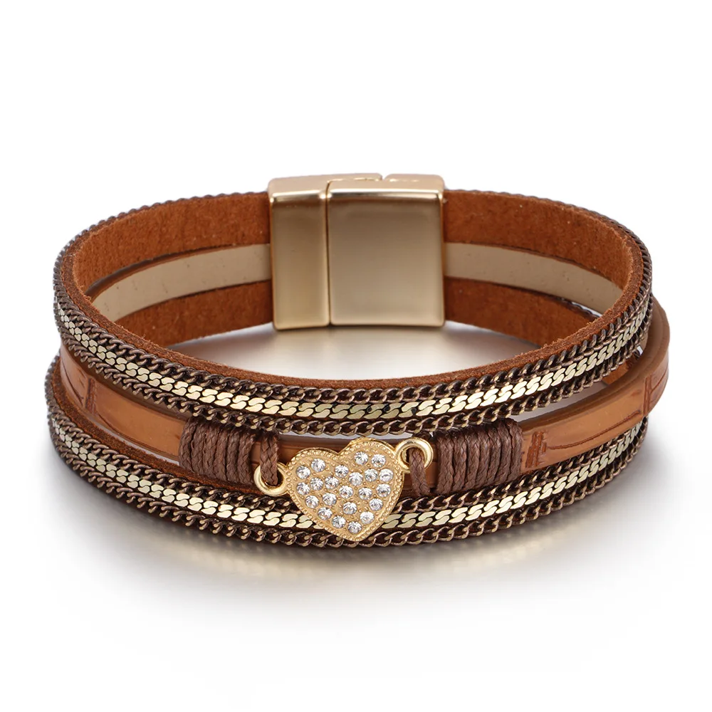 

2022 Ethnic Style Multi-layer Leather Diamond Inlaid Love Bracelet Women's Magnet Bracelet Jewelry for Women Men Spot Wholesale