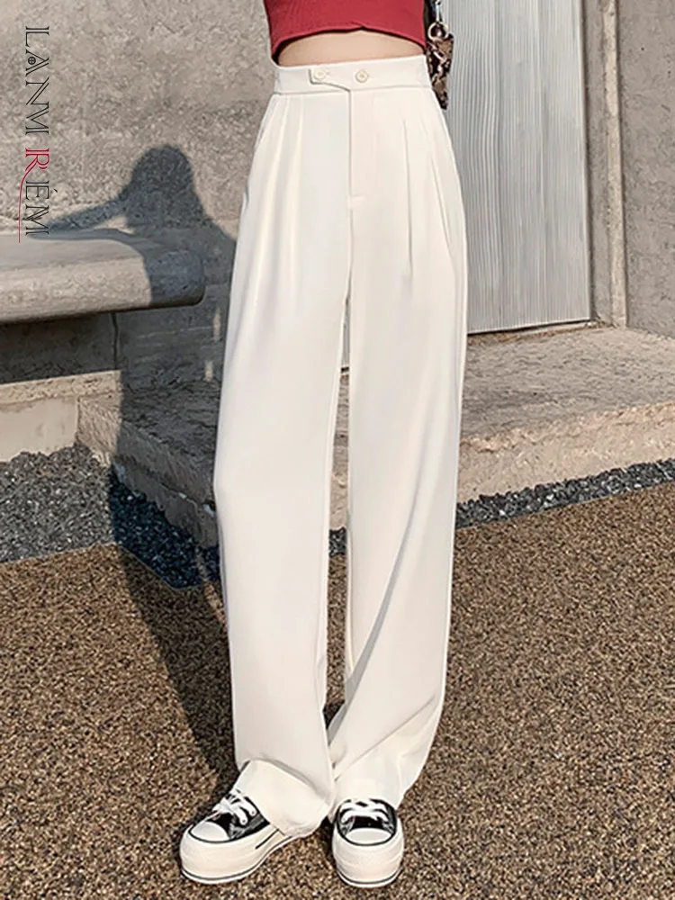 

LANMREM Long Trousers Women High Waist Solid Color Straight Loose Casual Wide Leg Pants 2022 Summer Autumn Female Streetwear