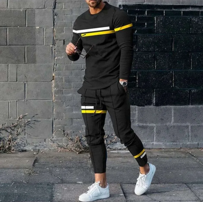 2023 New Men's T-shirt Pants Suit Fashion 3D Digital Print Street Popular Wear Take Long-sleeved Loose Sweatshirt Two-piece Set