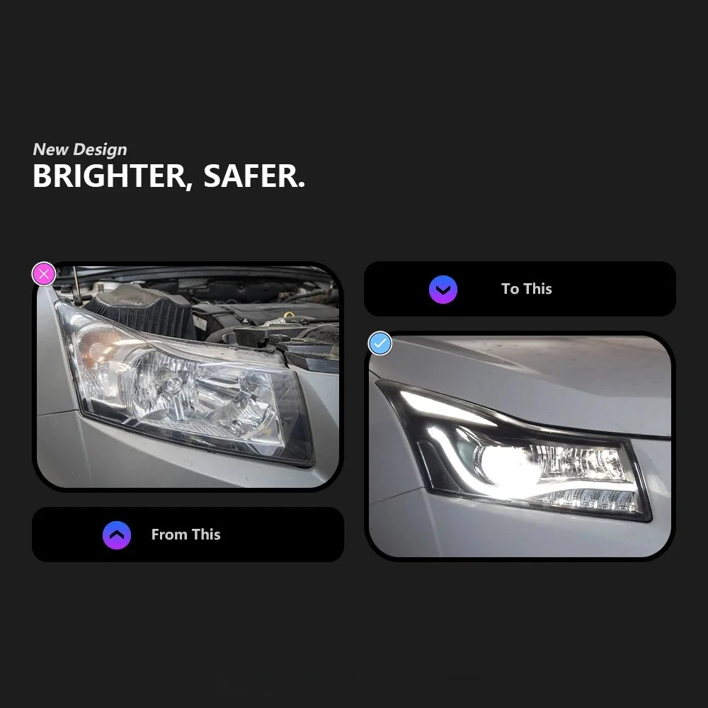 Фото Фара в сборе для Chevrolet Cruze 2009-2014 годов выпуска, с ксеноновыми ангельскими глазками, светодиодными дневными ходовыми огнями, указателями поворота, дальним светом и противотуманными фарами. №2