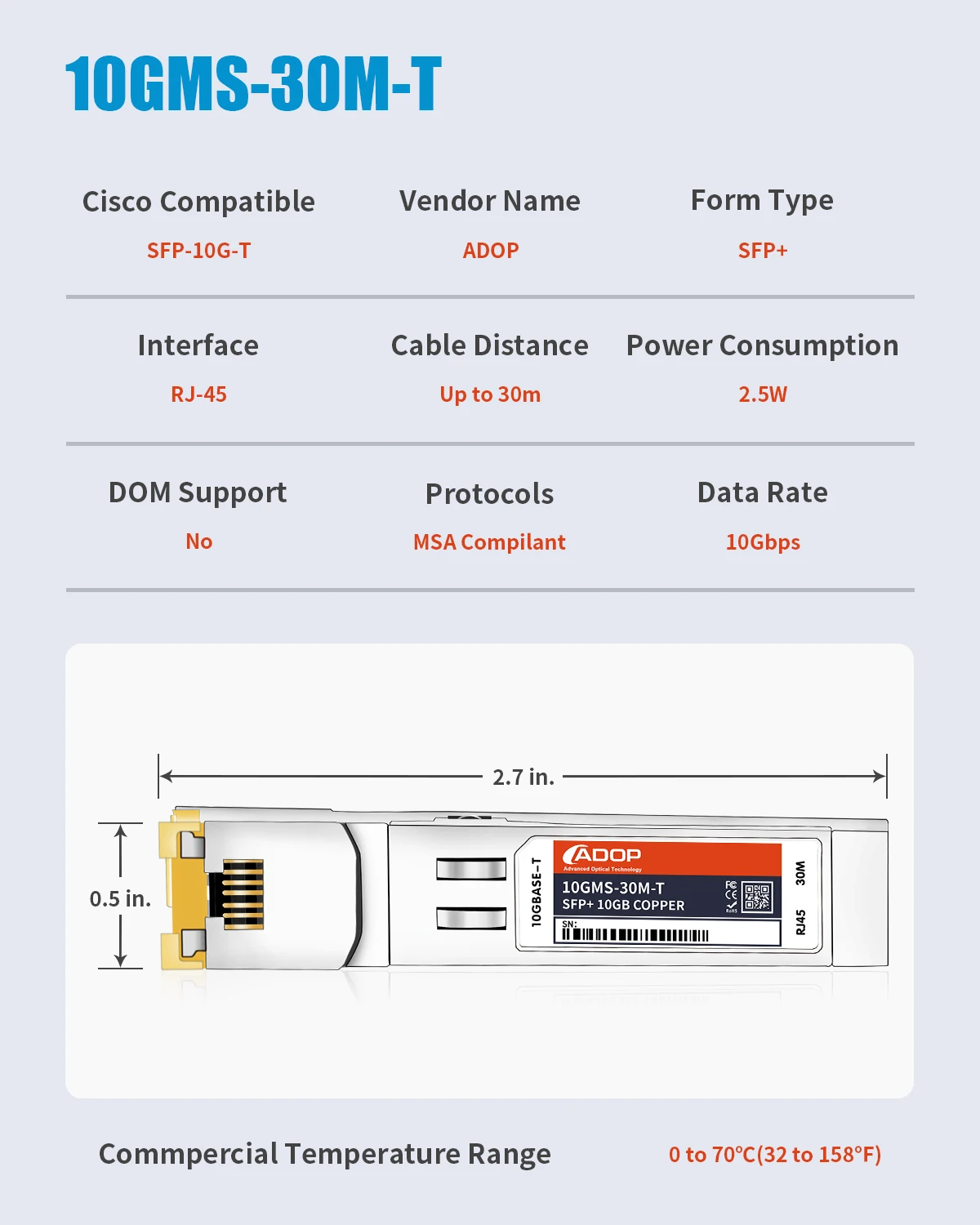 ADOP SFP+ to RJ45 Copper Module -  Transceiver for Cisco SFP-10G-T, Ubiquiti, Netgear, QNAP, Broadcom, MikroTik S+RJ10, up to 30