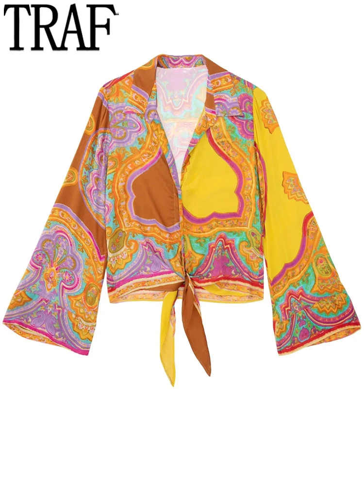 

TRAF Printed Knot Women Shirts Vintage Crop Top Female Summer Blouse Woman 2022 Collared Button Up Shirt Women's Cropped Blouse