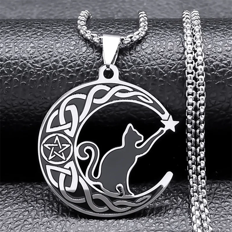 

Cat Crescent Moon Knot Star Chain Necklace for Women Men Stainless Steel Silver Color Pentagram Necklaces Jewelry collier N7964