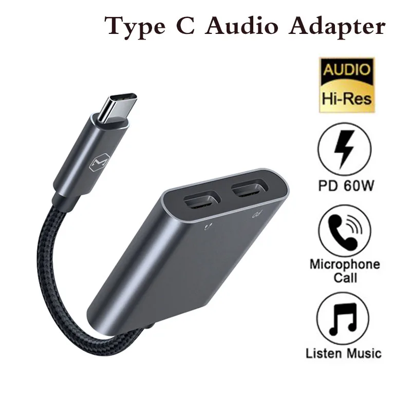 Mcdodo 60W PD Type C DAC HIFI Audio Converter USB C To Dual Type C 5A Fast Charger Audio Adapter For IPad Pro Macbook Samsung