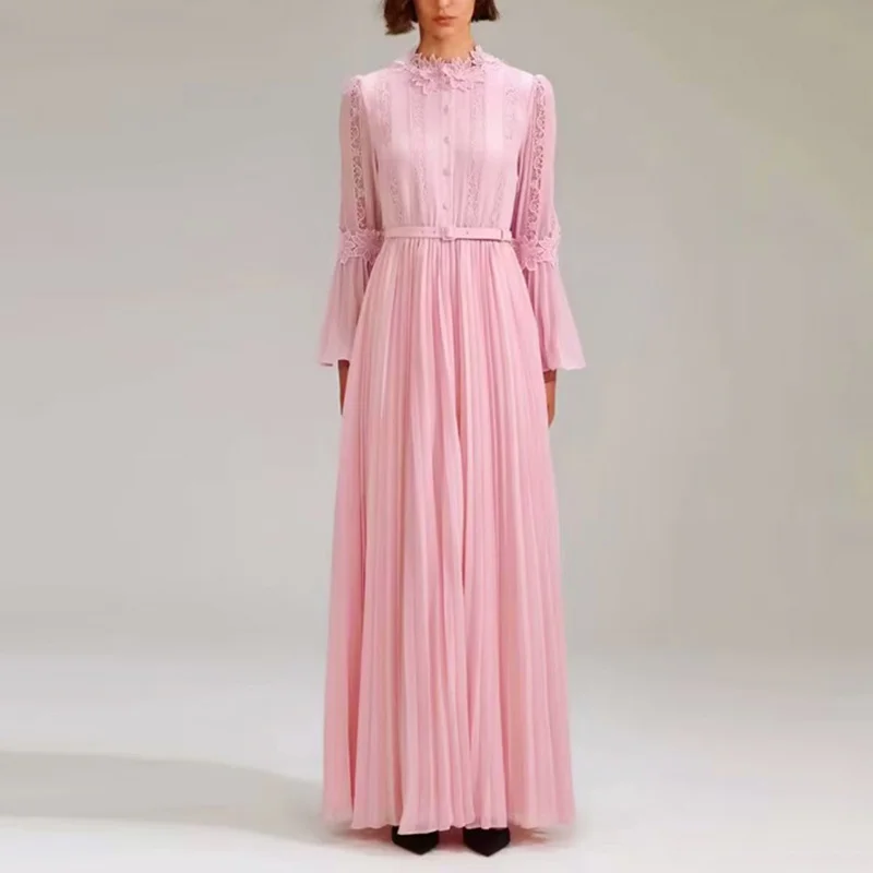Sweet Pink Lace Embroidery Patchwork Chiffon Dresses for Women 2023 O-neck Flare Sleeve Pleated Long Summer Dress Clothes