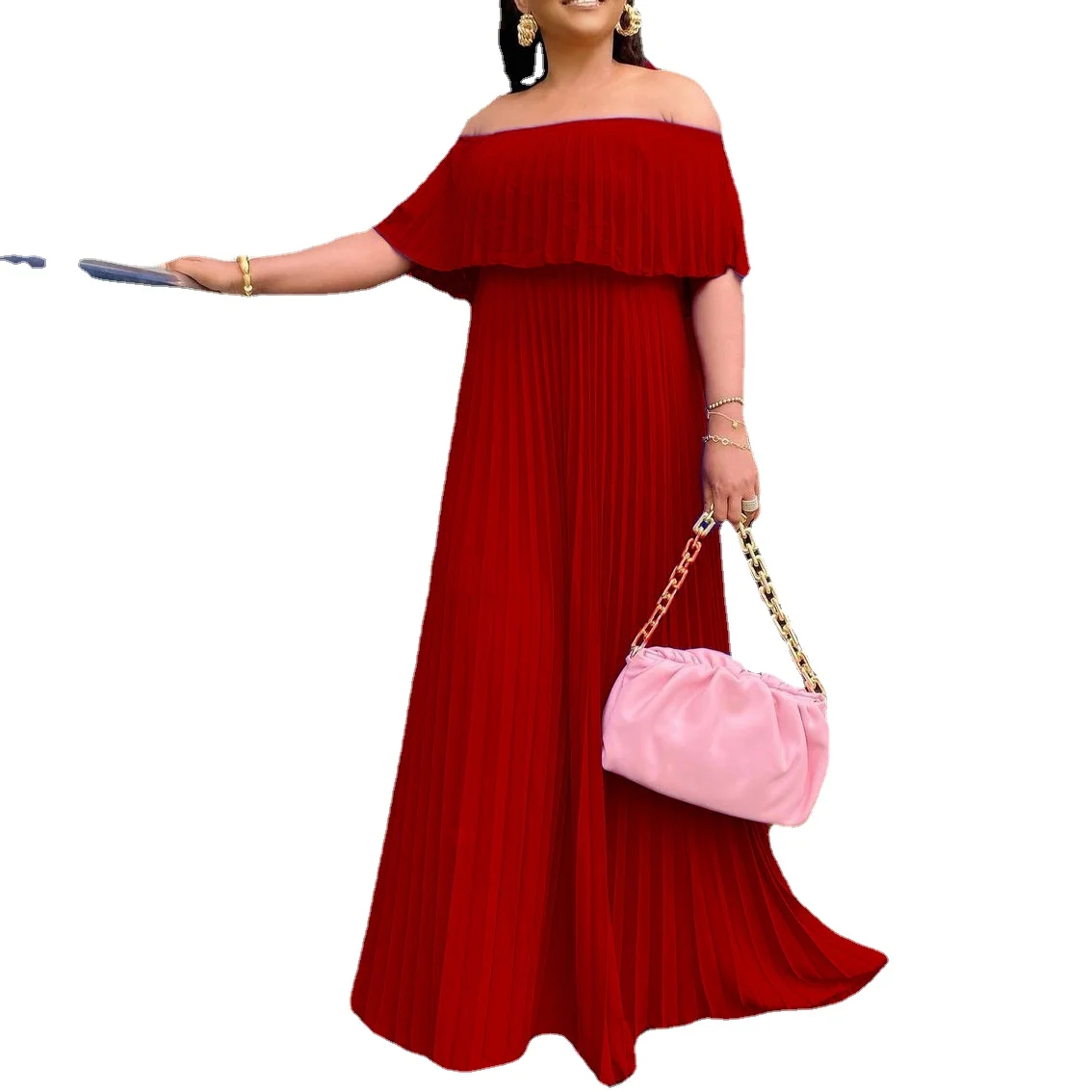 

2023 Untidy Mature Sexy Fashion Slash Neck Half Batwing Sleeve Chiffon Loose Pleated Vacation Maxi Dress For Women