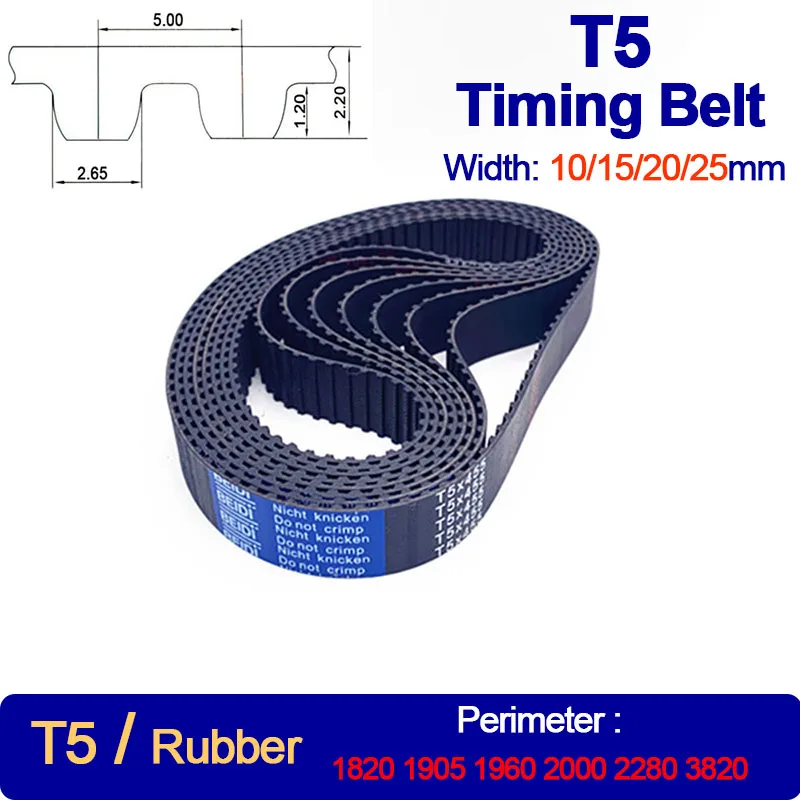 

1PC T5 Rubber Timing Belt Width 10 15 20 25mm Length 1820 1905 1960 2000 2280 3820mm Closed-Loop Synchronous Belt