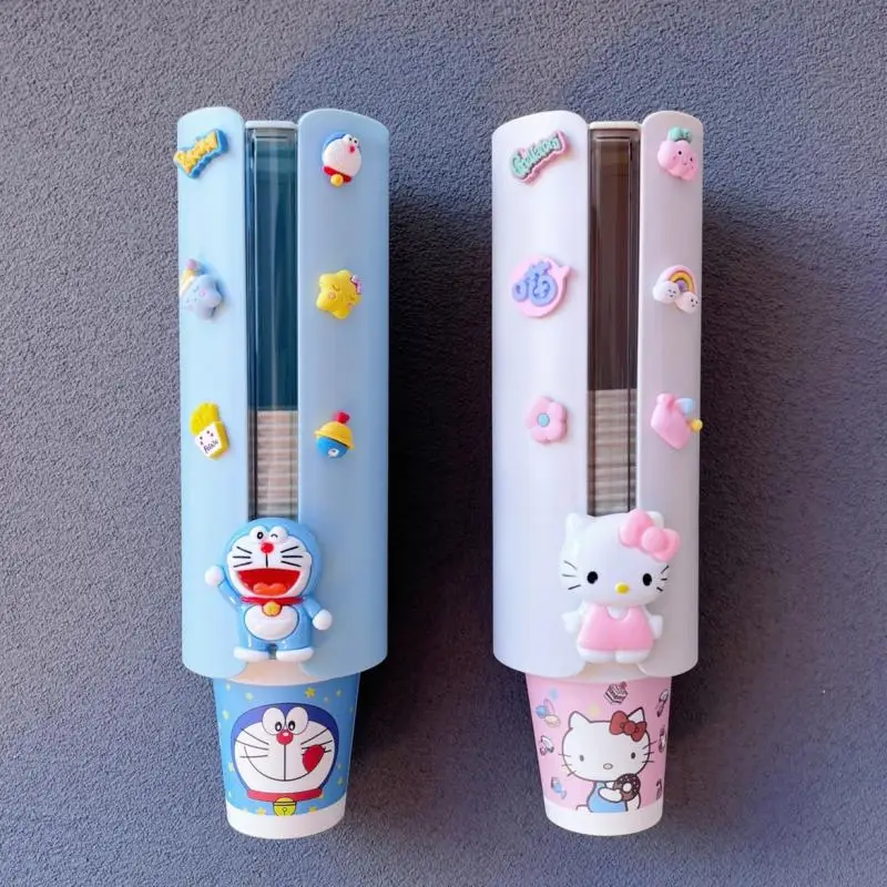 

Sanrio Disposable Cup Holder Doraemon Paper Cup Storage Box Creativity Kawaii Wall Hanging Water Dispenser Cup Extractor