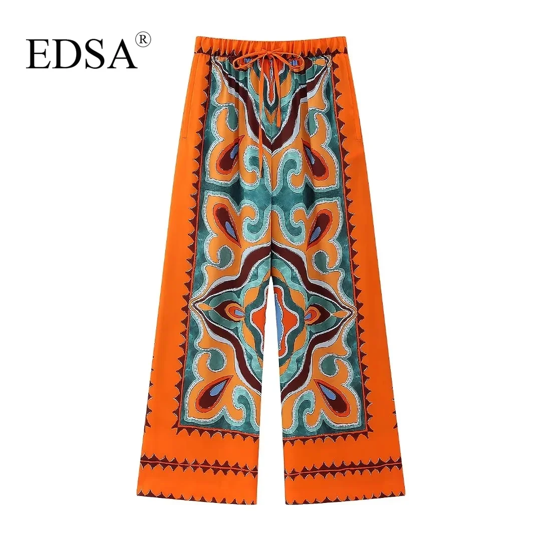 

EDSA Women Elegant Printed Flowing Trousers Beach Style High Waist Long Pants Elastic Waistband Wide Leg Adjustable Drawstrings