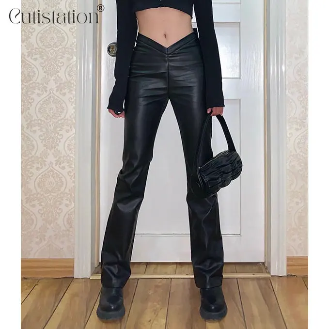 

Cutistation High Waisted PU Leather Pants In Black Fall Winter Outfits Women 2022 Korean Style Flared Trousers Sexy Bell Bottoms