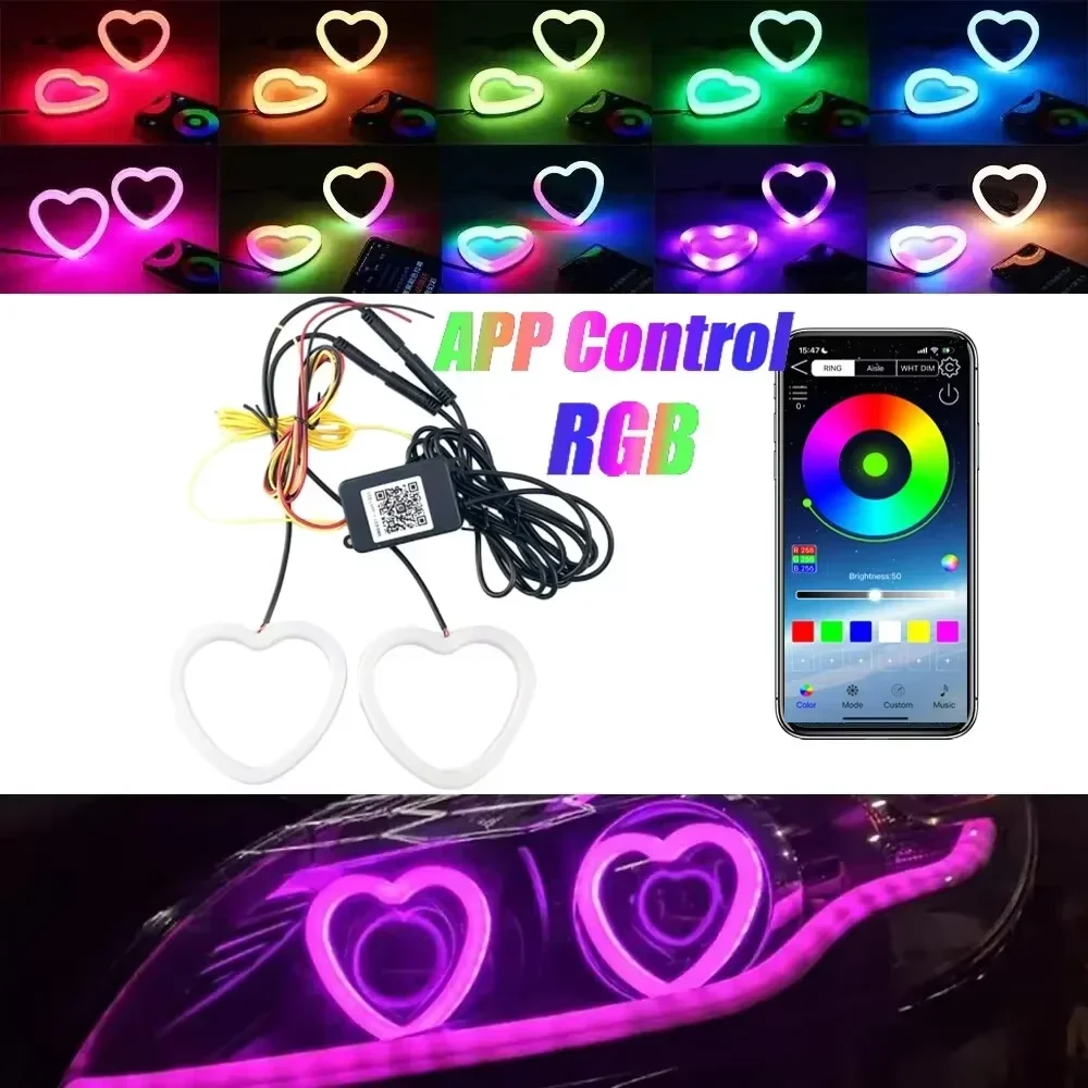 

2 шт. в форме сердца RGB ангельские глазки Halo Light Bluetooth App Control с янтарным поворотным светом, аксессуары для автомобильных фонарей