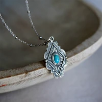 vintage style inlaid blue color stones geometric square pattern pendant necklace unique personality women metal jewelry gift