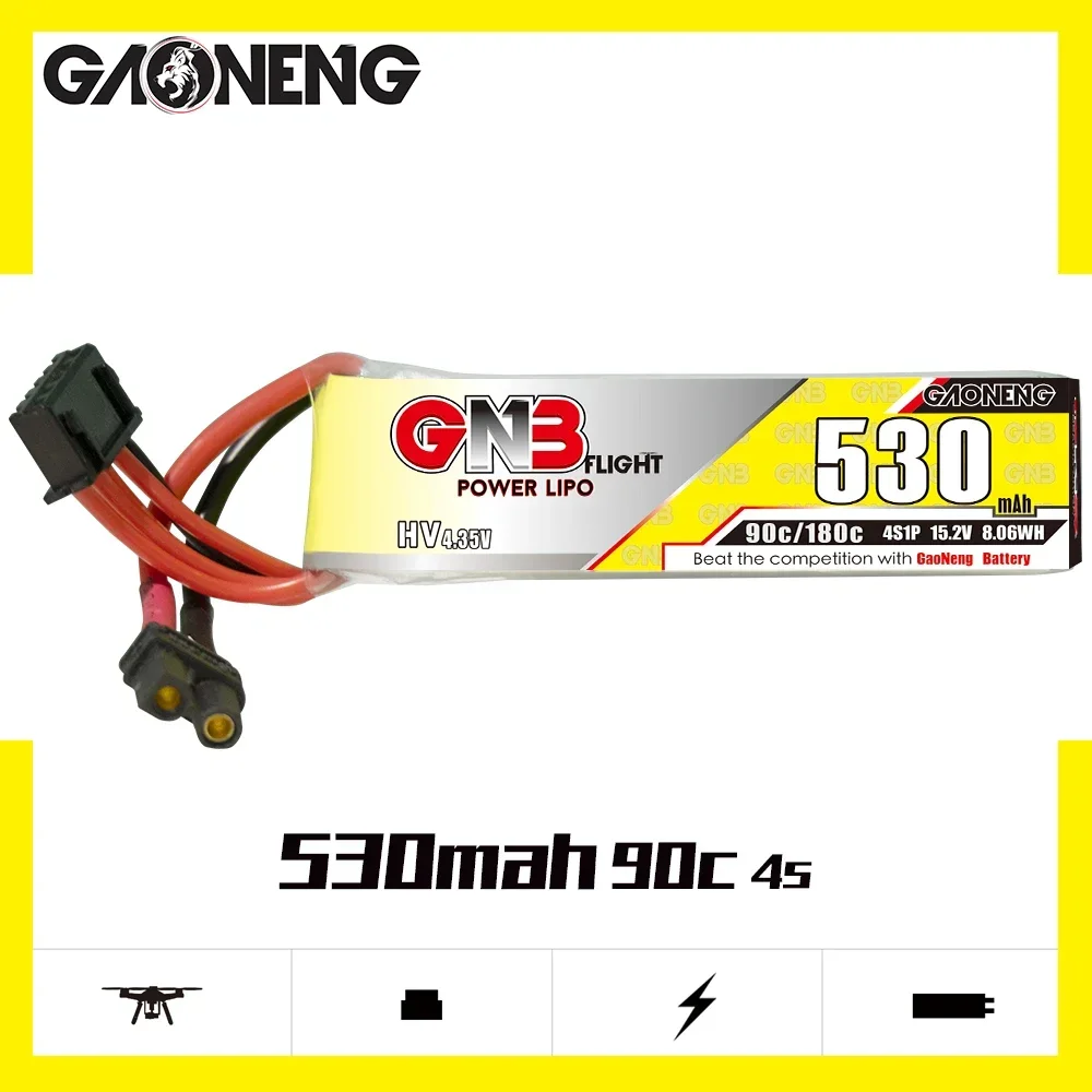 

GAONENG 15.2V 4S1P 530mAh 90C LiHV Battery With XT30 Connector For Beta85X Whoop FPV Drone RC Helicopter Parts