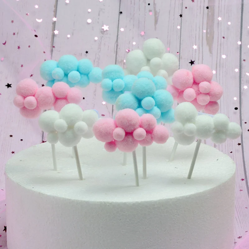 

1PC Pink Blue Soft Pompom Flags Sweet Cloud Cake Topper Baby Birthday DIY Cake Top Flags Cute Pompom Birthday Cake Card