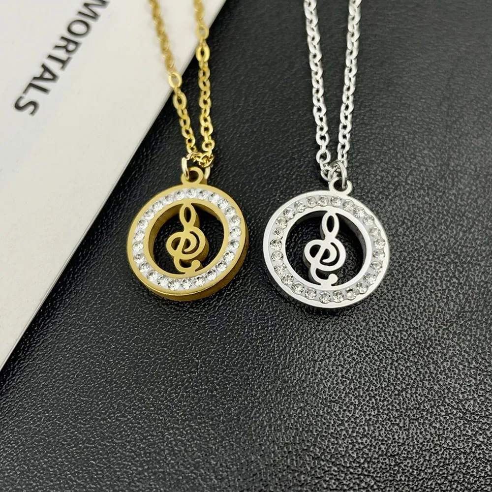 

Fashion Crystal Rhinestone Necklace for Women Stainless Steel Musical Note Pendant Jewelry on The Neck Accessories Birthday Gift