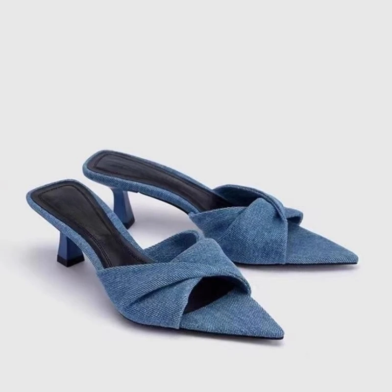 

Туфли женские джинсовые с открытым носком, заостренный носок, каблук-котенок, элегантная уличная летняя обувь, брендовые дизайнерские шлепанцы