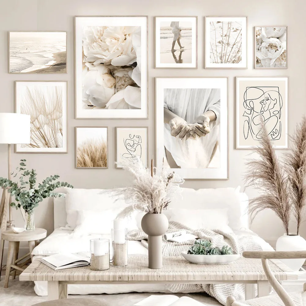 

Beige Boho Canvas Poster and Prints Nature Scenery Beach Dandelion Grass Peony Girl Flower Wall Art Painting Home Decor Pictures